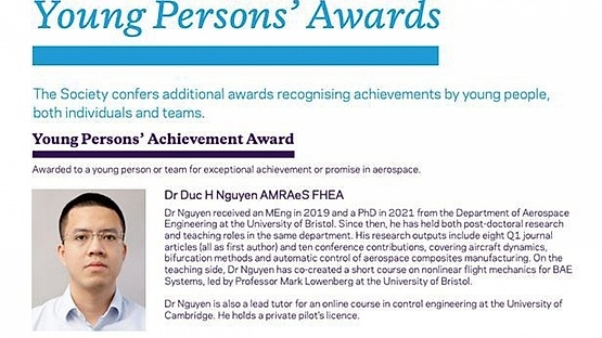 Young scientist becomes first Vietnamese awarded by UK Royal Aeronautical Society