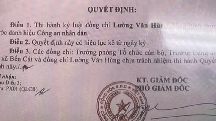 Tước danh hiệu một Phó trưởng công an phường ở Bình Dương